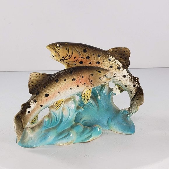 Vintage Enesco Rainbow Trout Salt Pepper Shaker Set Fish Leaping Water E-3241